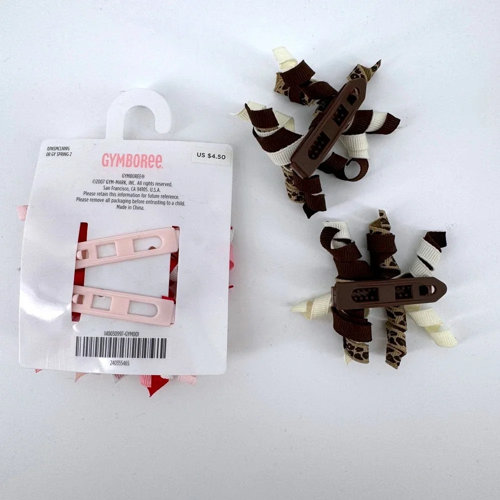 2 pr Gymboree Hair‎ Clips Pink Brown Strawberry Leopard Korker Ribbon 4pc Set